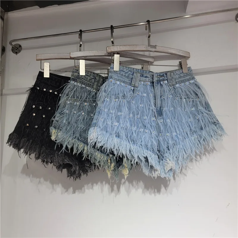 Fringe Rhinestone Denim Shorts for Women European Style Summer High Waisted A-Line Hot Pants Casual Tassel Light Wash Shorts