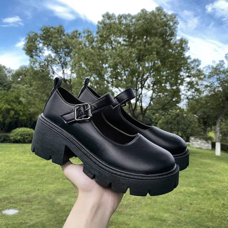 Black Girls' Leather Shoes 2024 New Round Toe Thick Sole Single Shoe Retro Height Increasing Sweet JK Uniform British College