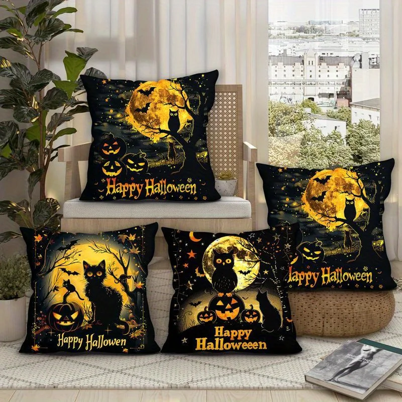 4pcs Halloween Decorative Pillow Covers, Short Plush 17.7