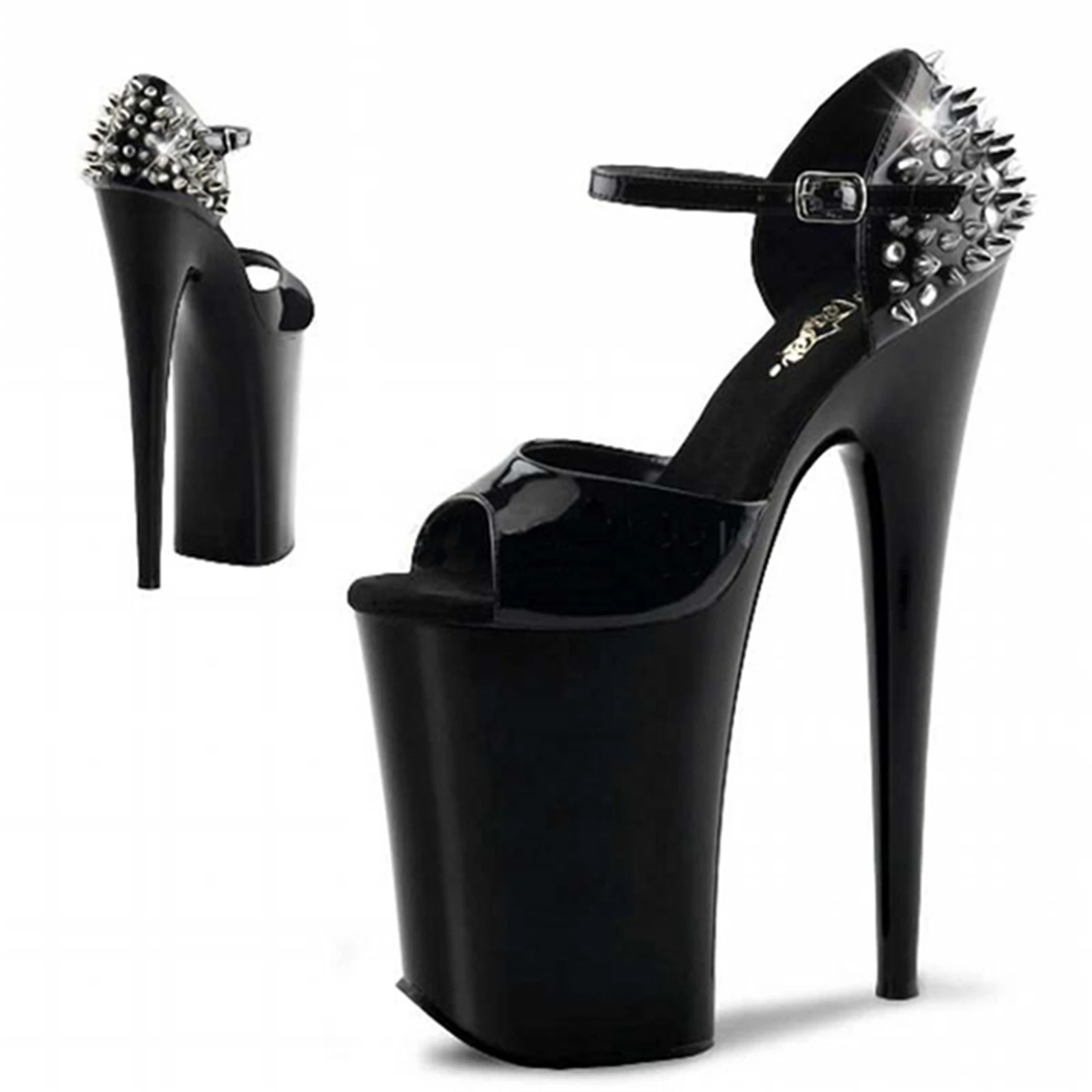 ​23CM Extreme Heel Sandals Black, Peep Toe Platform Heels with Studded Ankle Strap & Chunky Sole, Punk Rock Party Shoes​