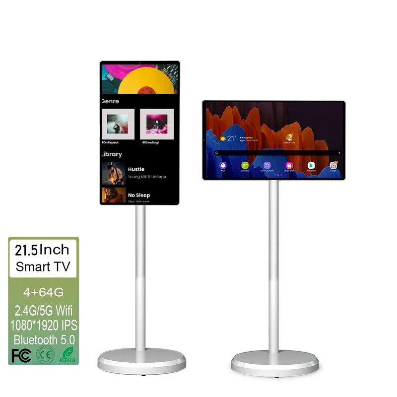 Trend 2024 White 4GB+64GB OFD Touch Screen Tv On Wheels Movable Charging LCD Display Built-In Camera Speaker Smart Portable TV
