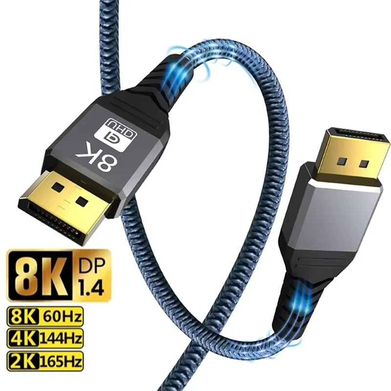 Displayport Cable DP1.4 Display Port Nylon-Braided Cable 2K 240Hz 4K 144Hz 8K 60Hz For PC Laptop TV Projector Audio Video Cable