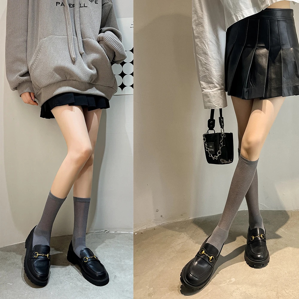 New Spring And Summer Women's Mid-Tube Knee Socks Simple See-Through Calf Slimming Cotton Solid Color Mesh Breathable Stockings
