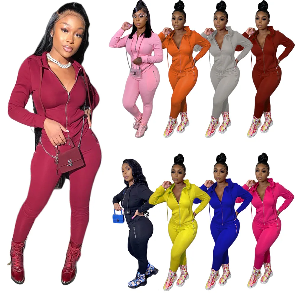 custom slim women sweatsuit set tracksuit zip up fall jogging hoodie set solid joggers pants clothes women two piece pants set