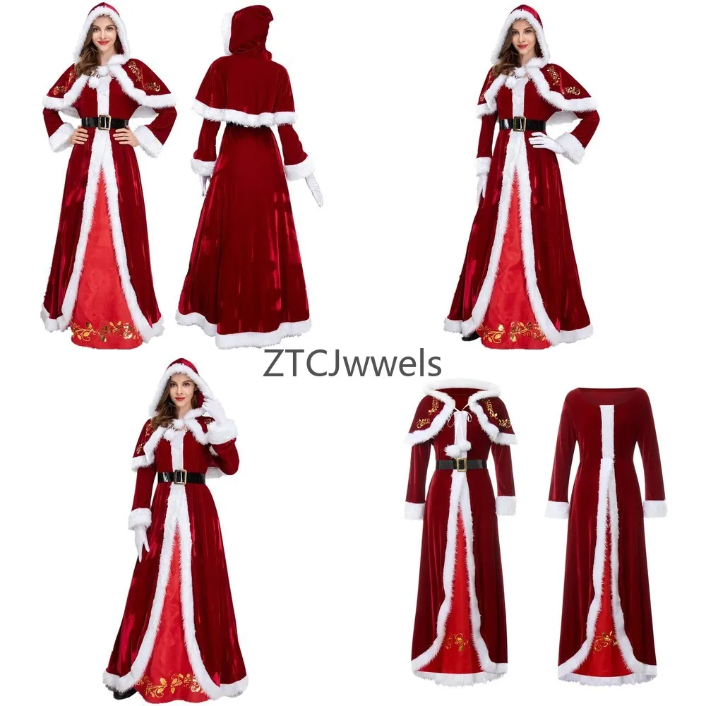

Warm Plush Cape Hooded Dress for Women Christmas Cosplay Party Costume Long Sleeve Carnival Holiday Attire