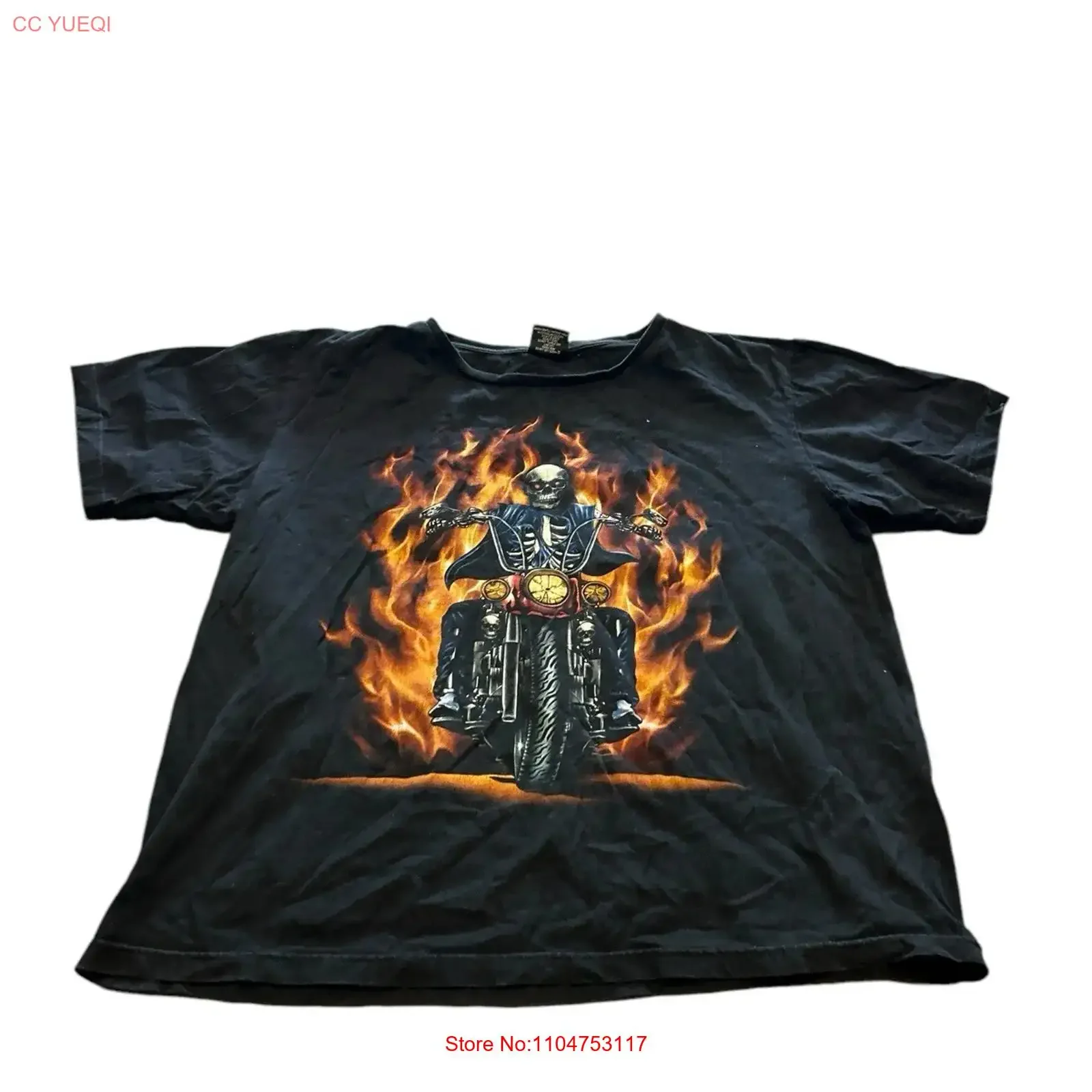 Vintage Skull Biker Men s T shirt Size 2XL Black Flames Motorcycle Motorbike vintage Washed graphic Unisex