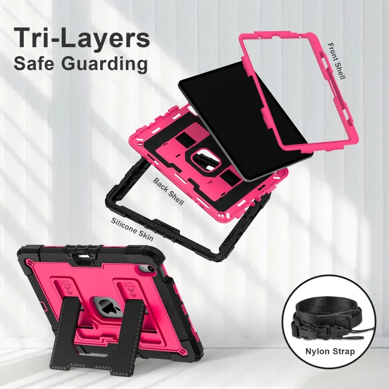 Heavy Duty Shockproof Case for iPad Air 4 Air 5 Air 11 M2 M3 Rugged Protective Cover with Built in Kickstand Crossbody Strap