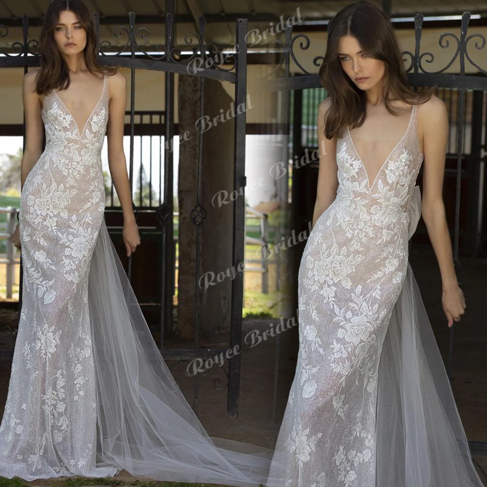 Elegant Appliques Deep V Neck Mermaid Wedding Dresses 2027 Detachable Bow Train Bridal Gown Customized vestido de novia