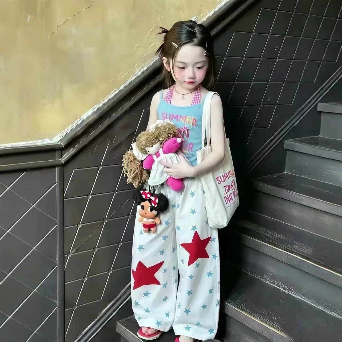 Girls Summer Thin Set Dopamine Style Children Girls Clothes Summer Wide Leg Pants Two-piece Set for Girls