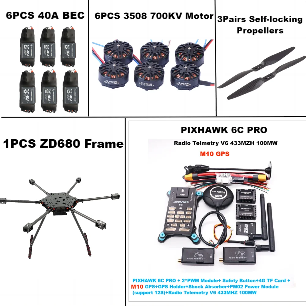 Kit de cadre HGouopter à bras pliable entièrement en fibre de carbone, PIXHAWK avec train d'atterrissage non flottant, bras hexa-rotor, ZD680 6C PRO M10