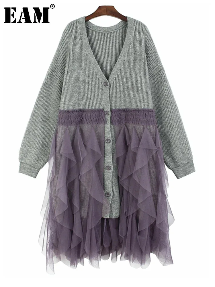 [EAM] Gray Purple Mesh Big Size Knitting Cardigan Sweater V-Neck Long Sleeve Women New Fashion Tide Spring Autumn 2024  1DH8249