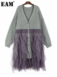 [EAM] Gray Purple Mesh Big Size Knitting Cardigan Sweater V-Neck Long Sleeve Women New Fashion Tide Spring Autumn 2024  1DH8249