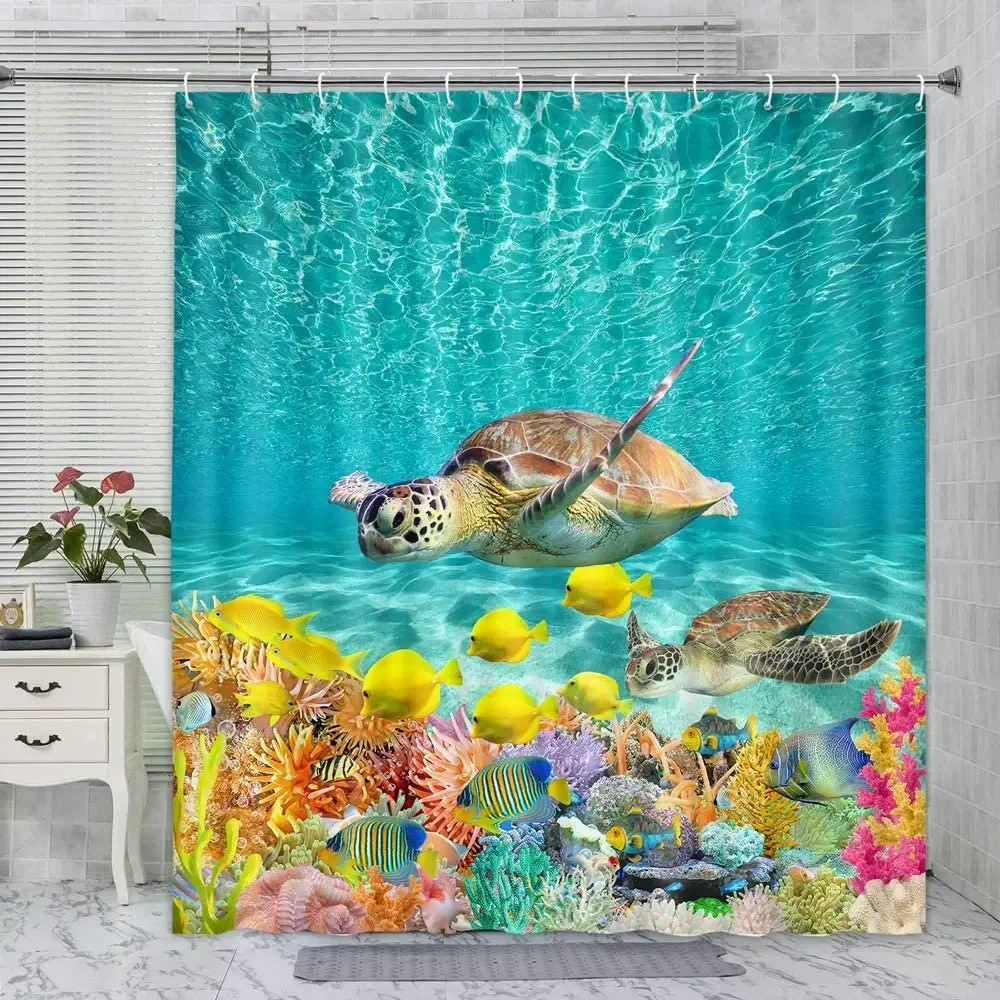 Ocean Sea Turtle Shower Curtain Seawater Landscape Beach Fish Coral Reef Marine Animal Kids Waterproof Bathroom Screen With Hook