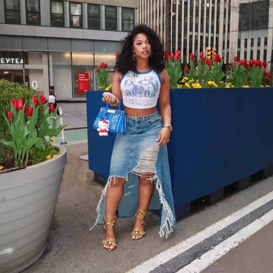 

Европа Америка 2025 летняя новая юбка с высокой талией и рваными краями, старая юбка с разрезом на бедрах