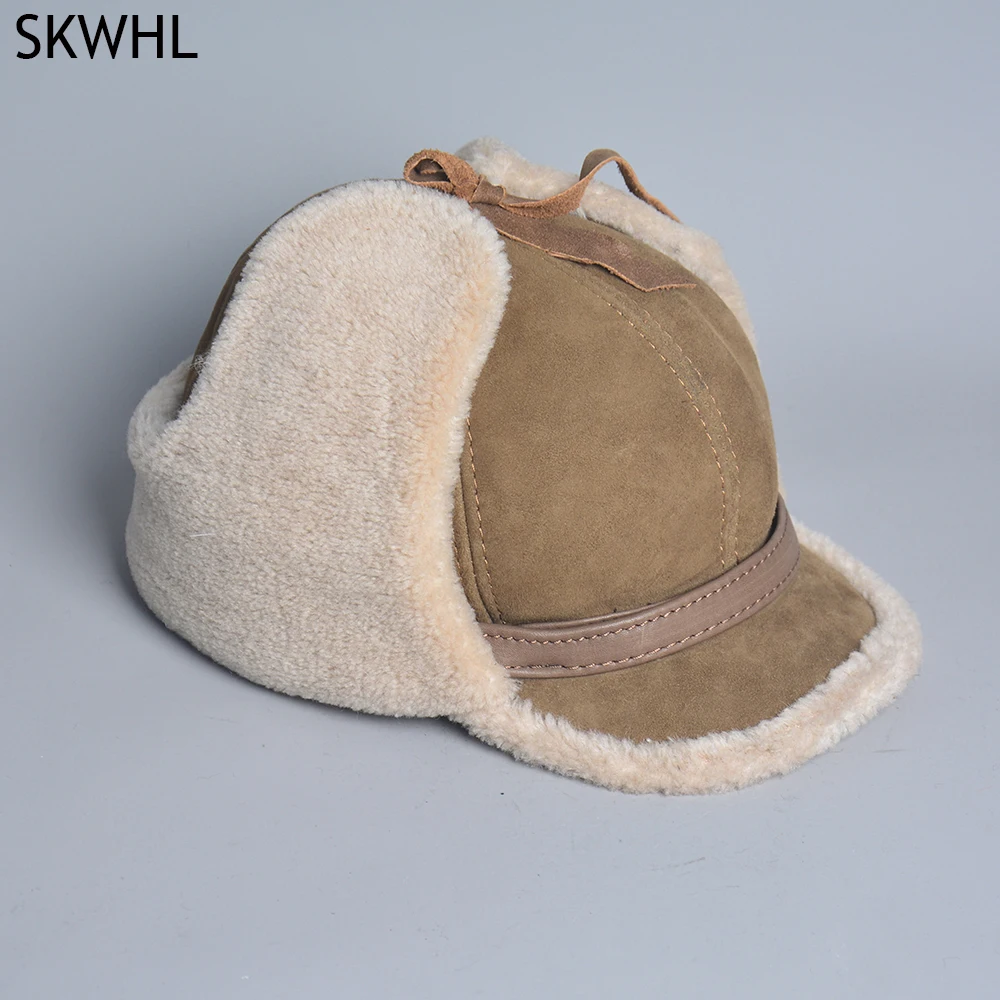 

High Quality 2024 Winter Leather Hat Men Fur Lamb Wool Warm Thick Earflaps Bomber Hats Men's Baseball Cap Russian Hat