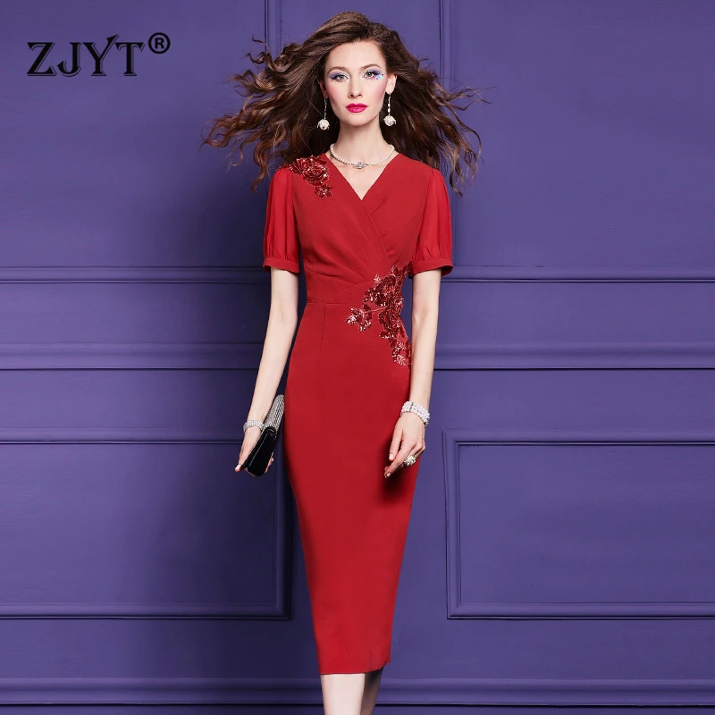 

ZJYT Designer Summer Special Occasion Party Dresses for Women 2024 Fashion Short Sleeve Sequined Floral Pencil Dress Plus Size