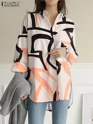 ZANZEA Women Long Sleeve Shirt Korean Fashion Office Tops Blouse Oversized Printed Tops Holiday 2024 Summer Lapel Neck Tunics