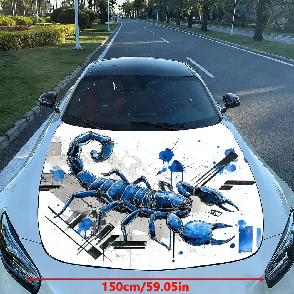 Street Graffiti Style With Blue Scorpion Pattern Print Hood Decal - PVC Material, Racing Car Body Vinyl Sticker, External Modifi