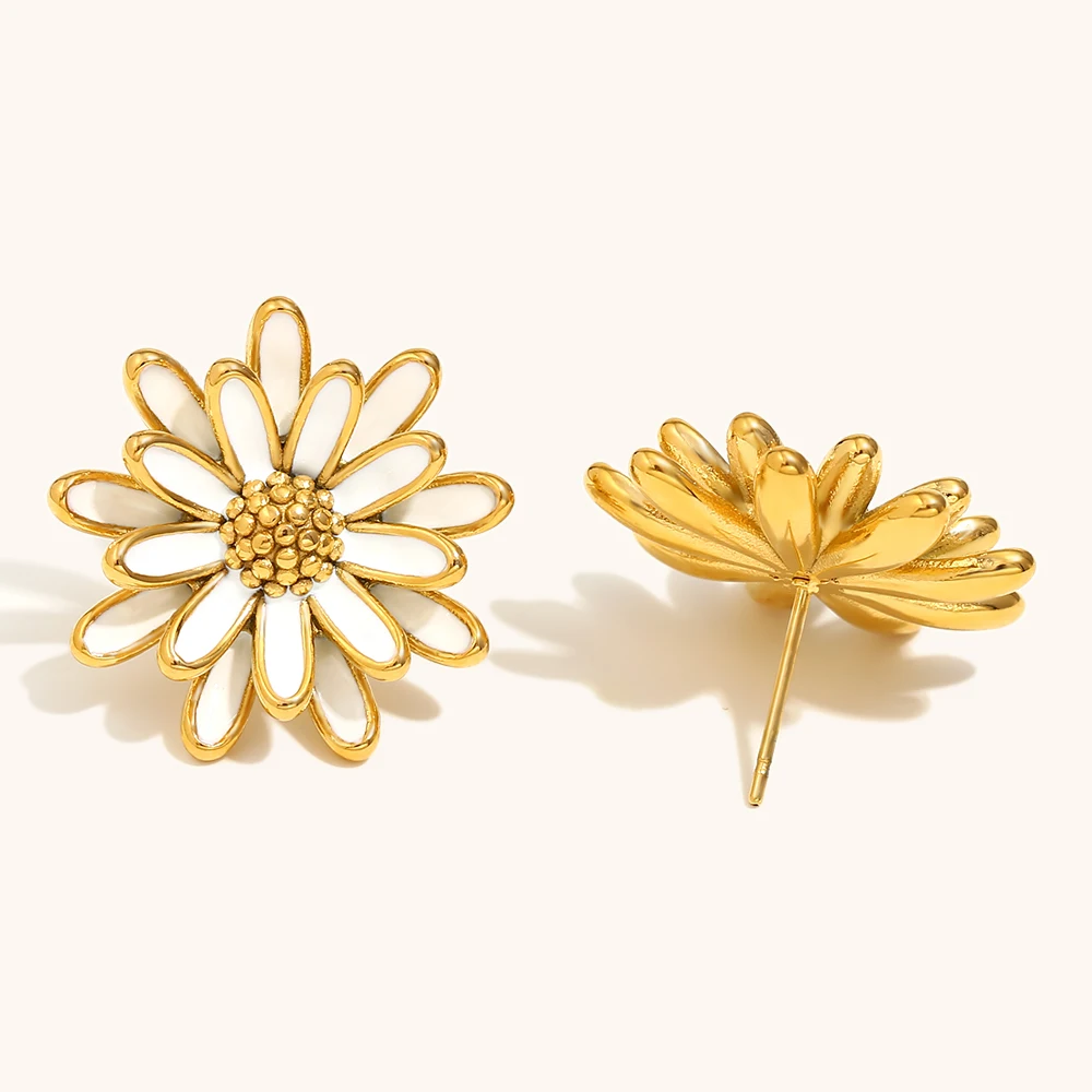 لا. أقراط نسائية من الفولاذ المقاوم للصدأ على شكل أقحوان من الزيت بالتنقيط الأبيض من Muses هدية مجوهرات حلوة وعصرية مقاومة للماء