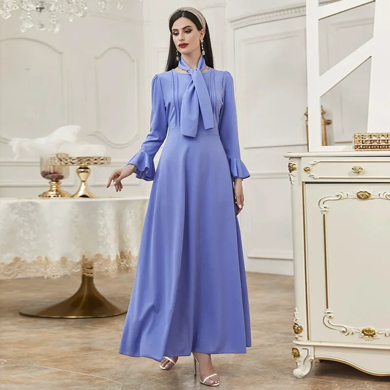 Abaya musulmano per le donne Turchia Medio Oriente Femme Robe Solid Africano Dubai Abaya Manica lunga Vita alta Peplo Abiti a trapezio