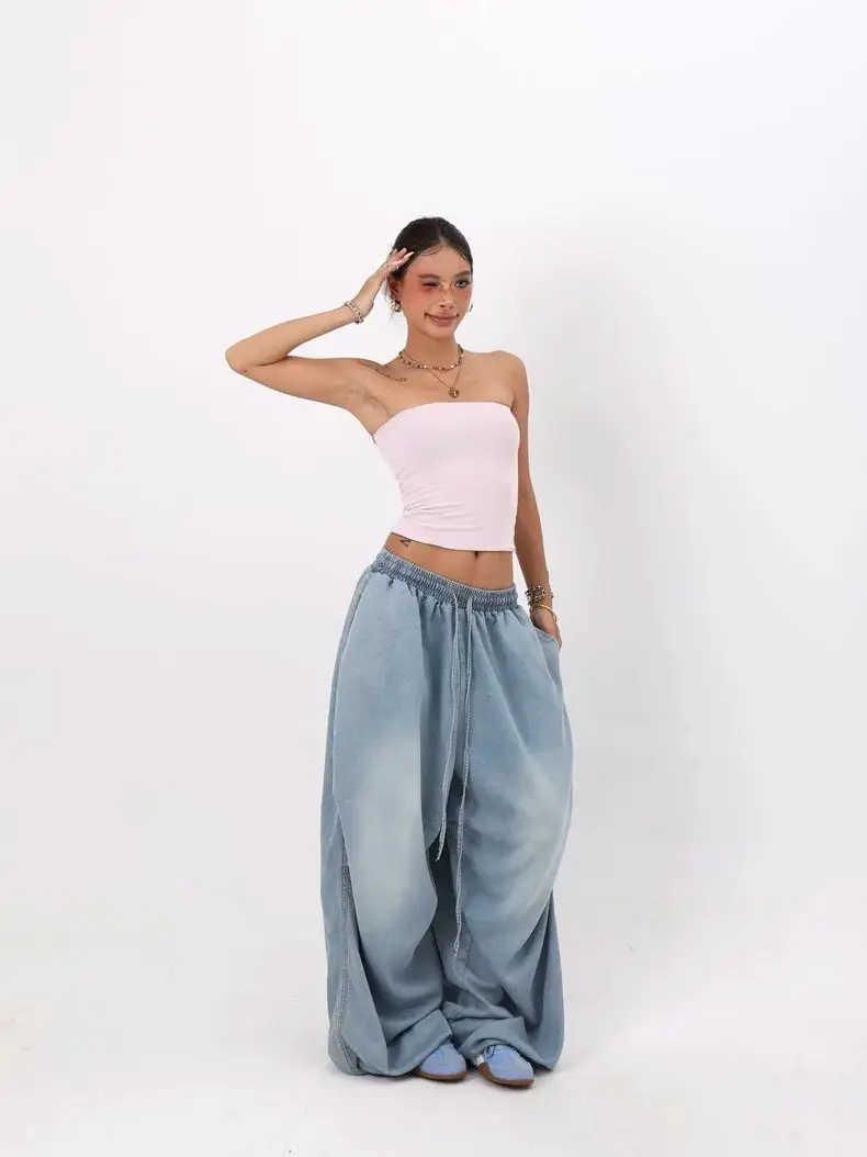 American Retro Drawstring Jeans For Women In Spring And Autumn, Simple And Versatile, Hanging Loose And Wide Leg Pants