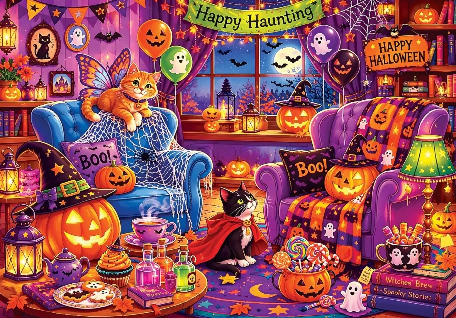 Jigsaw Puzzle 500/1000/1200/2000PCS Halloween Cozy House Scene Witch Chair Pumpkin Lantern Ghost Balloon Cat Bottles Candy  Gift
