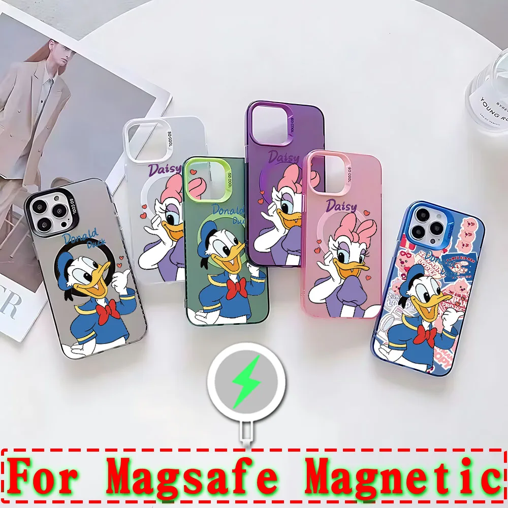 Cute Donald DonaldDuck Magsafe Magnetic Phone Case for IPhone 11 12 13 14 15 Pro Max Plus Creative Border Silver Plated Cover