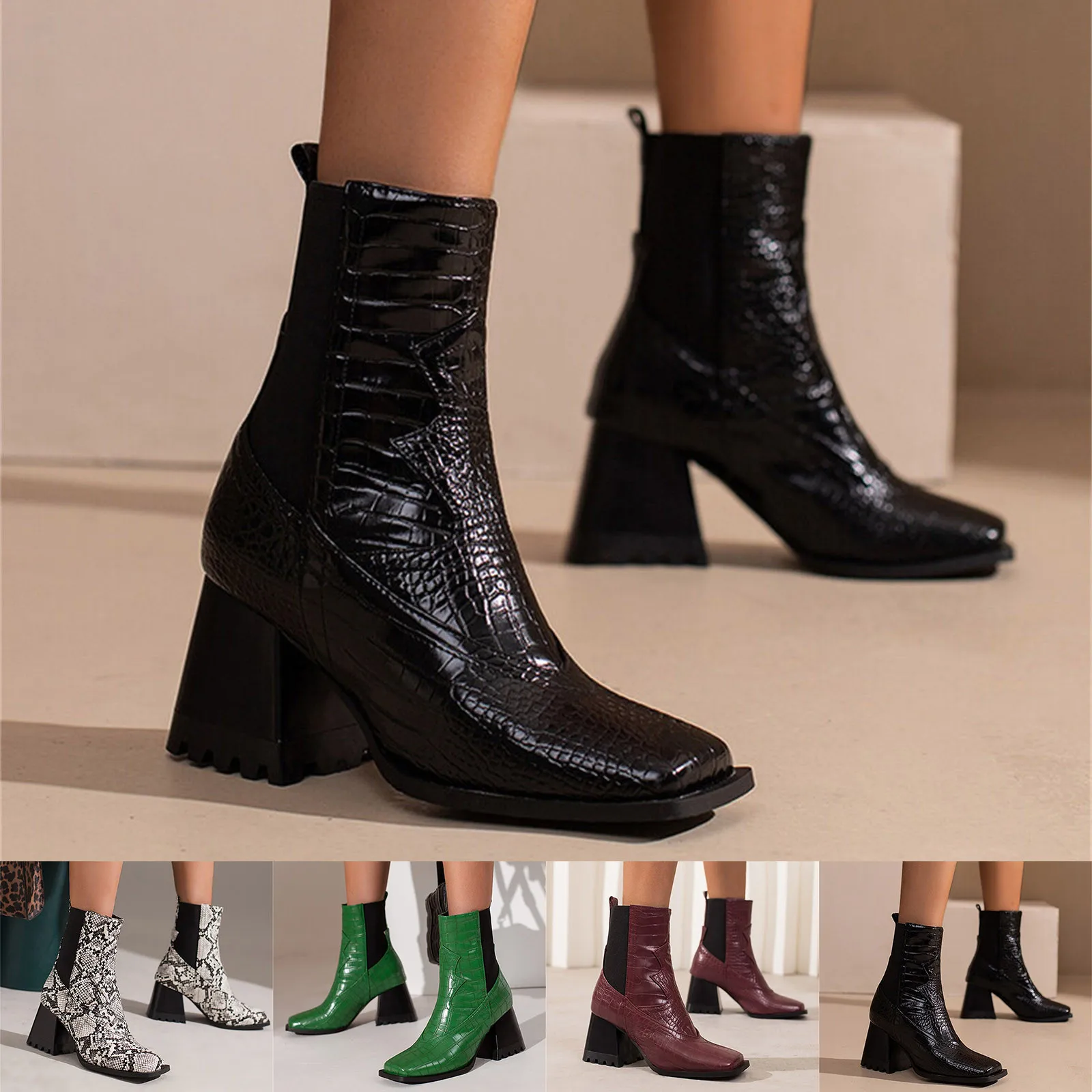 Women's Fashion Colorblock Leather Face Square Toe Chunky High Heel Elastic Mid Boots