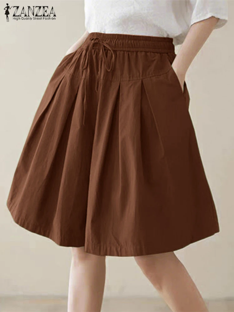 Summer Shorts Women Casual Loose Pleated Wide Leg Pants ZANZEA Solid Color Korean Short Trousers 2025 Lace-Up Bottoms Femininas