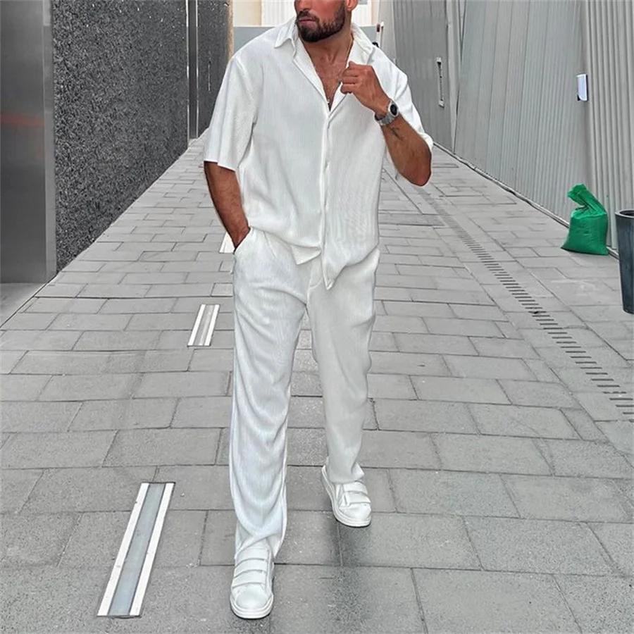 White Men Pants Set Lapel Button-up Short Sleeve Shirt + Long Pants Casual Beach Outfits Men\'s Clothing New Two Piece Tracksuit