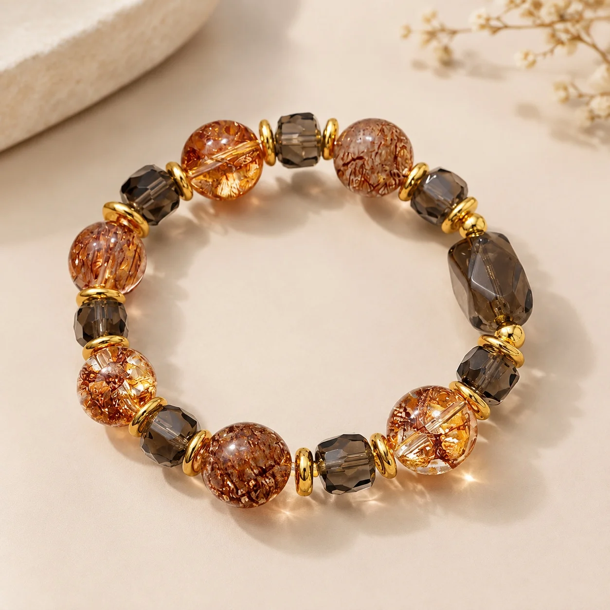 Geometric Shape Bracelet Ice Clear Obsidian Crystal Caramel Latte Color Irregular Shape 13mm Bead Diameter Women's Luxury Style