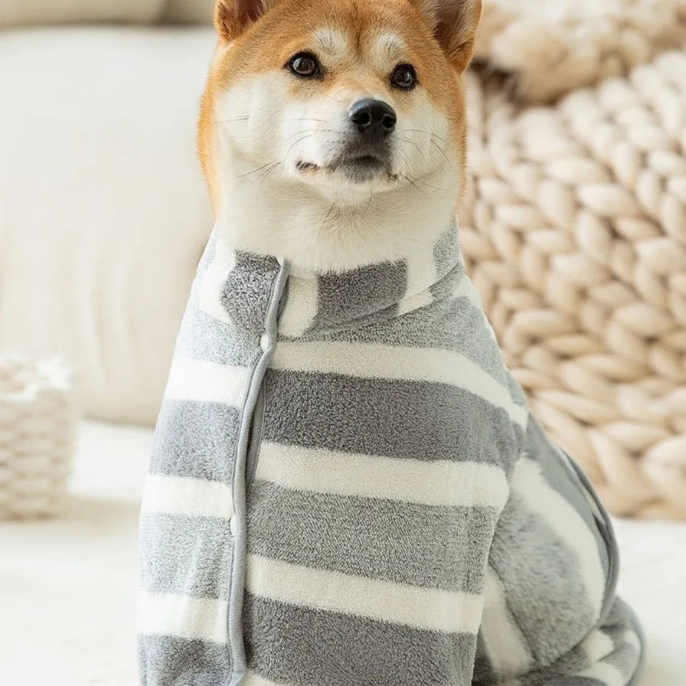 سوبر ماصة المرجان المخملية منشفة سريعة الجافة لينة مخطط الكلب البشكير سميكة مع حزام البطن قابل للتعديل منشفة الكلب #5