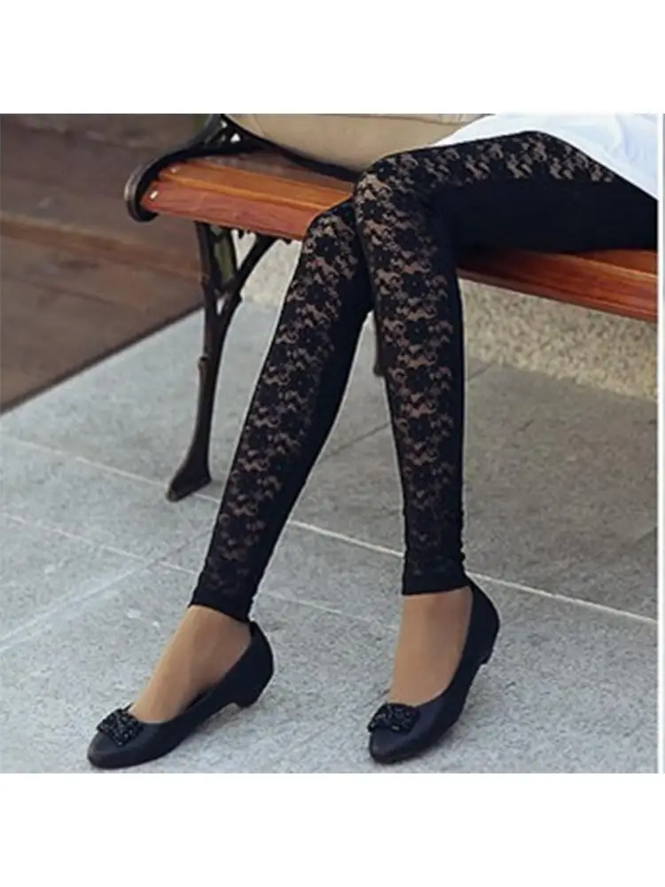 Women Fashion Shopping Pants Nine point Lace Stitching Sexy Breathable Faux Leather Leggings 2023 Ladies Imitation 40-55KG