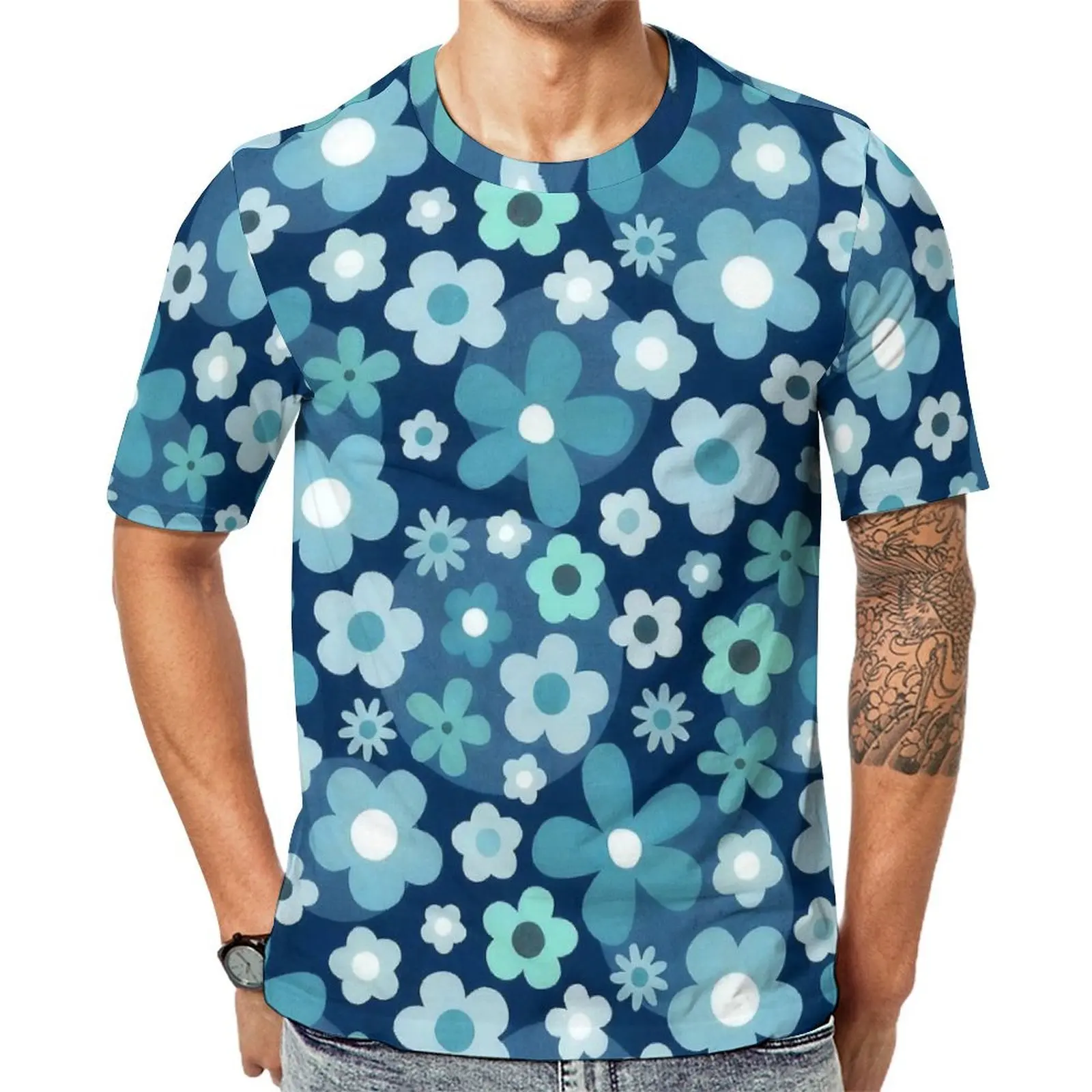Beach T-Shirt Blue Tone Floral Repeat Print T-Shirts  Street Style Popular Tees For Man Short Sleeve Custom Oversized Tops