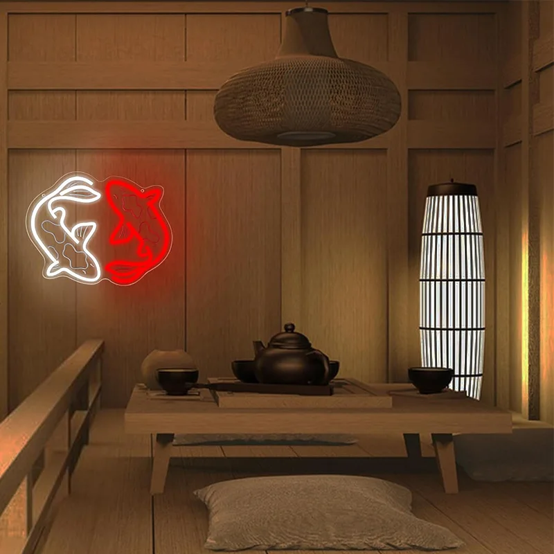Koi Fish Neon Signs for Wall Decor Japanese Fishes Neon Light Signs Up Night Red White Lights for Bedroom Neon Signs