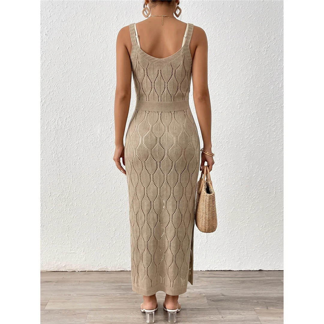Einfarbige, ärmellose, ausgestellte, gehäkelte Tunika, Strandkleid, Strandmode, Damen V8299 – Detail 16