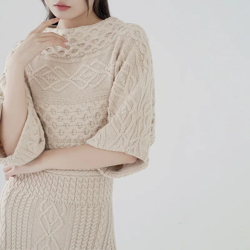 Robe longue tricotée à manches mi-longues pour femmes, élégante, mode Vintage française, Simple, polyvalente, taille fourreau, automne hiver