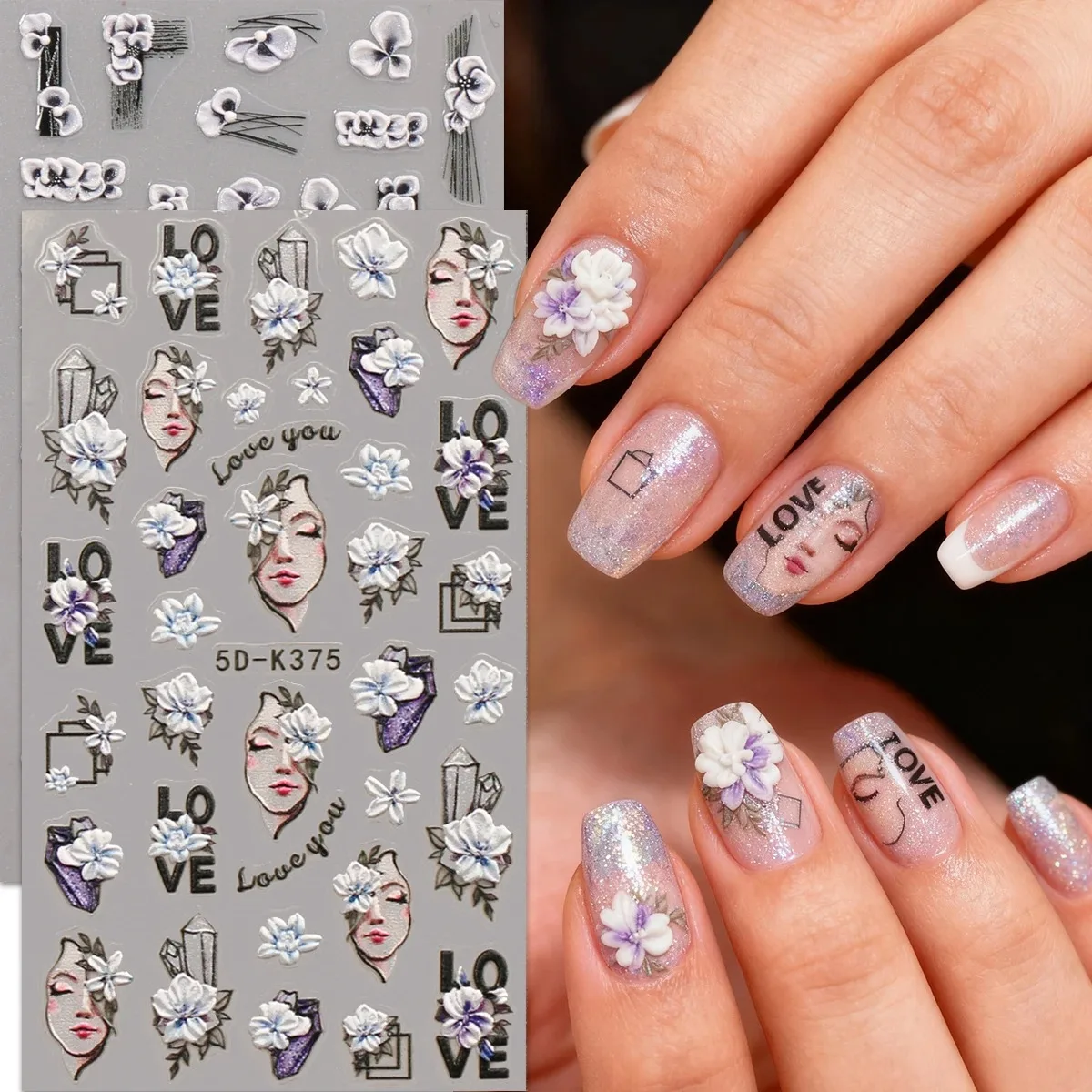 Purple 5D Embossed Geometry Flower Nail Art Stickers Self-Adhesive Rose Winter Nail Decals for Valentine's Day Manicure Decor