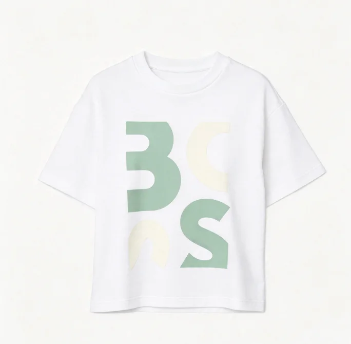 2026 new Black crew neck short sleeve tee, mint and off-white staggered letter print, vibrant casual style, cropped loose fit