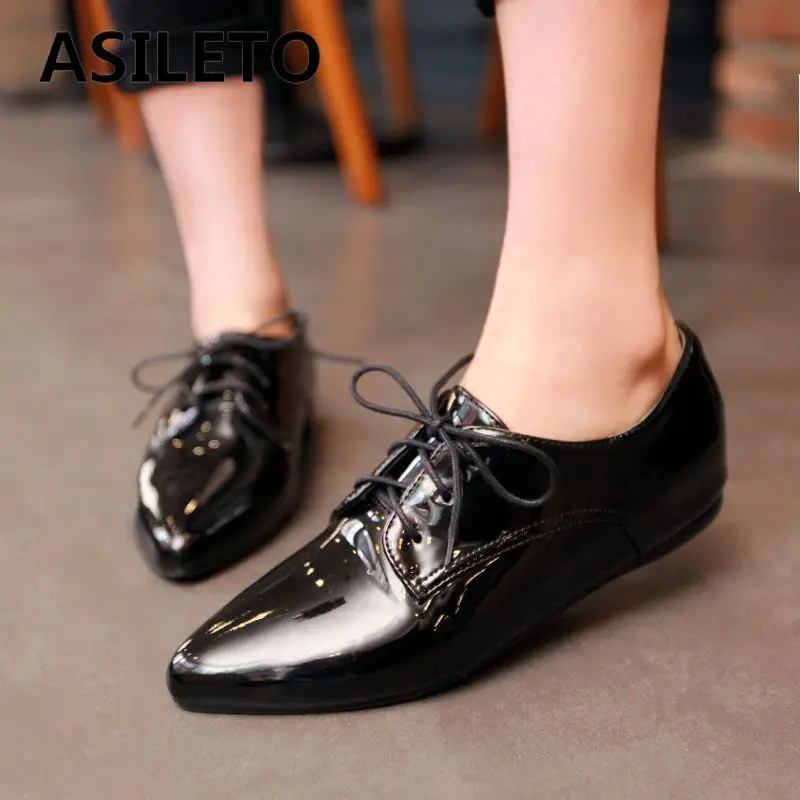 

ASILETO Brand 2025 New Shiny Female Flats Poined Toe Lace Up Plus Size 41 42 43 Soft Leisure Daily Office Lady Shoes Summer