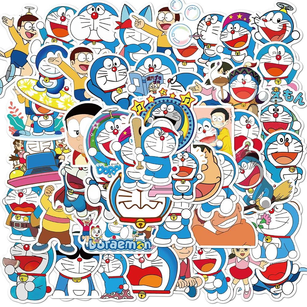 50 Uds. De pegatinas impermeables con temas de Doraemon de dibujos animados para regalos, botellas de agua, taza, portátil, bicicleta, monopatín, caja de equipaje, grafiti de vinilo