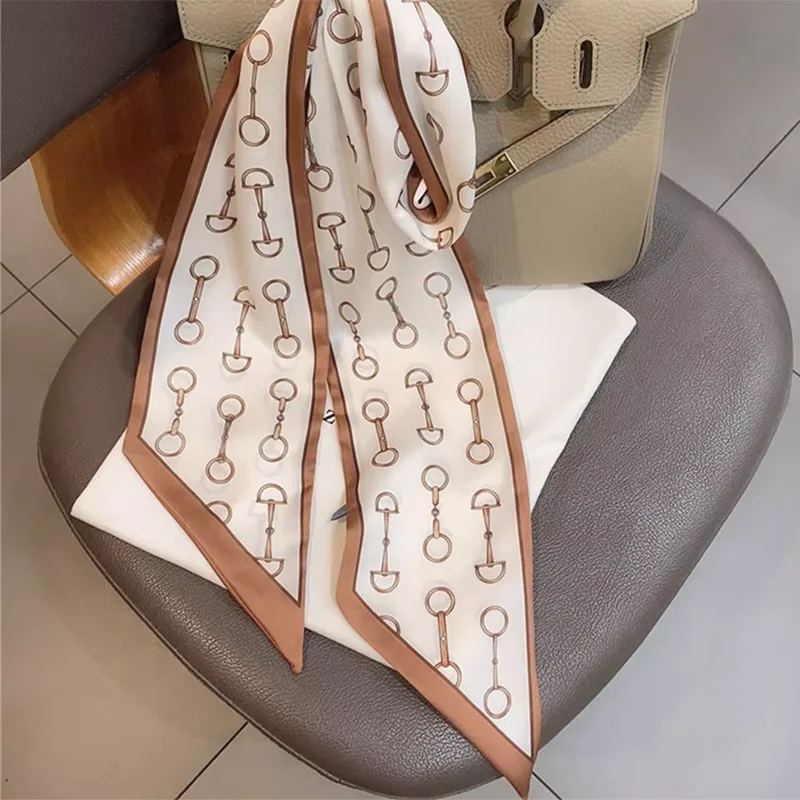 Luna&Dolphin White Chain Big Wide Ribbon 150X13cm Geometry Print Long Silky Angled Scarf Headbands Neckerchief Ins Streamer