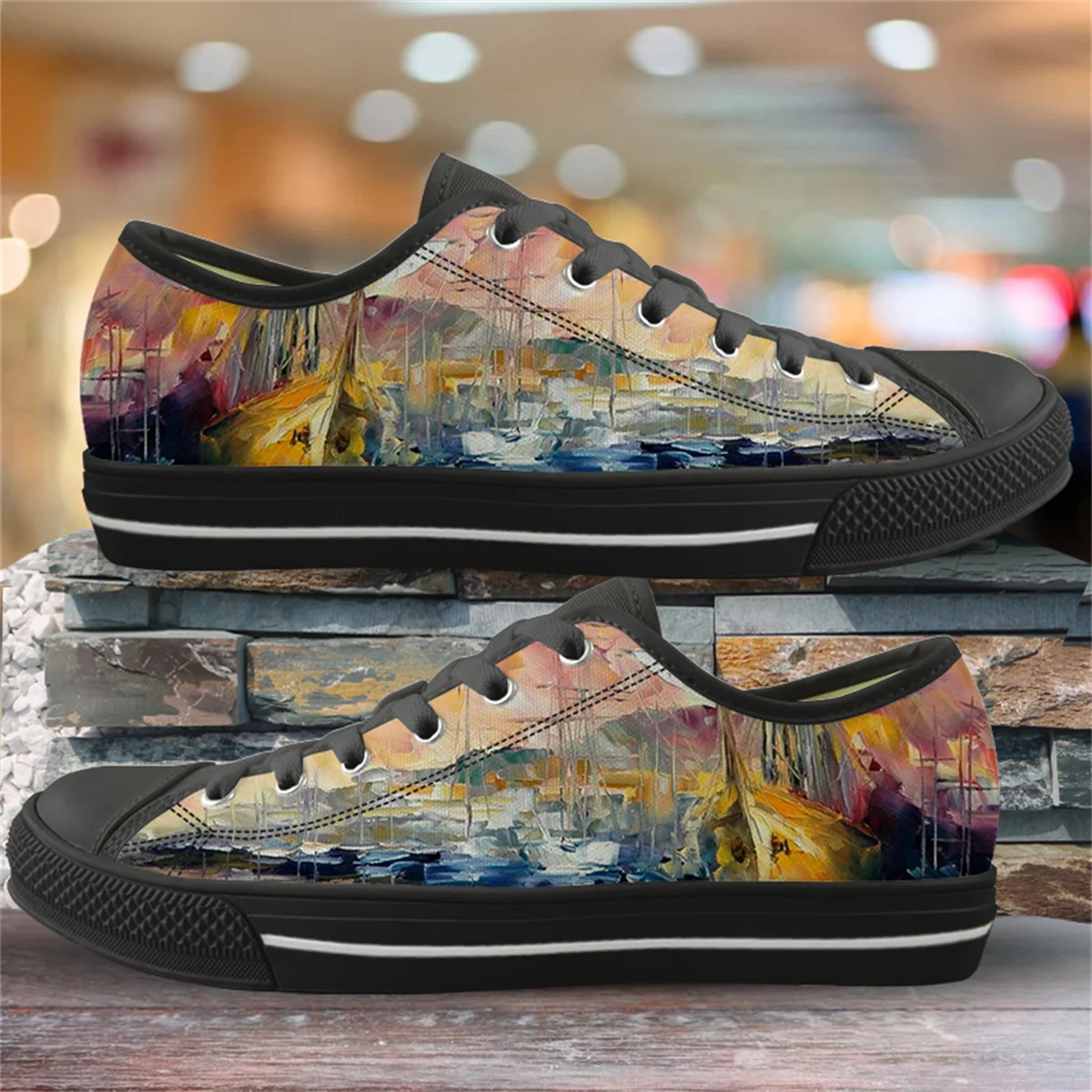 Oil Painting Landscape Printing Breathable Sneakers Ladies Lightweight Lace-Up Walking Shoes Students Outdoor Casual Flat Shoes