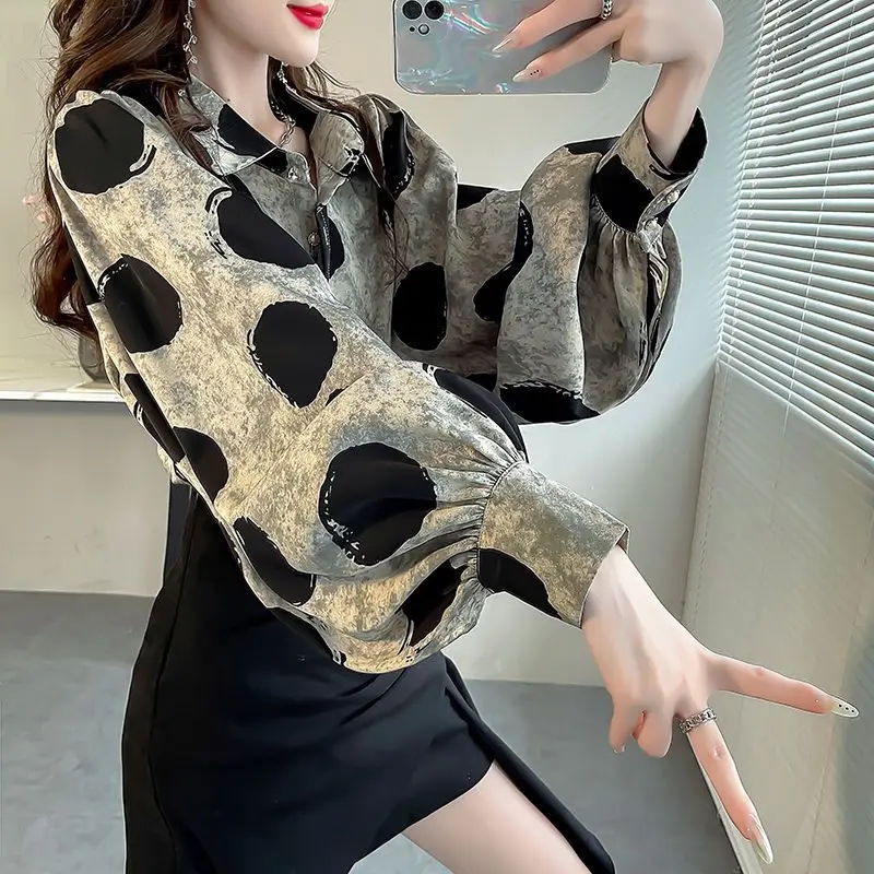 Women\'s Clothing Vintage Elegant Polka Dot Print Button Shirts Office Lady Lantern Sleeve Chic Designer Blouse Casual Loose Tops