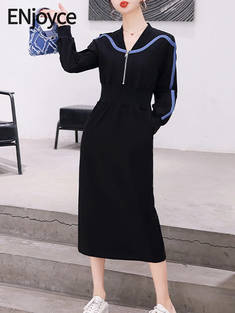 

ENjoyce Spring Fall Women Vintage Patchwork Long Sleeve Bodycon Dress Korean Fashion Slim Zip V-Neck A-line Mid Length Dresses