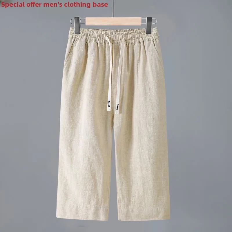 

Men's Knee-Length Seven-Foot Pants Pure Color Linen Breathable Summer Cotton Linen Material Straight Leg Casual Pants