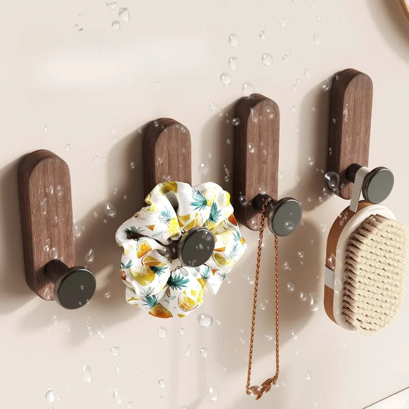 Selbstklebende Wandhaken aus Walnussholz, Ohne Bohren, Hochbelastbar, Dekorativer Aufhänger für Schlüssel, Mäntel, Handtücher, Bademäntel, Hüte, Eingangsbereich, Badezimmer-Aufbewahrung – Detail 4
