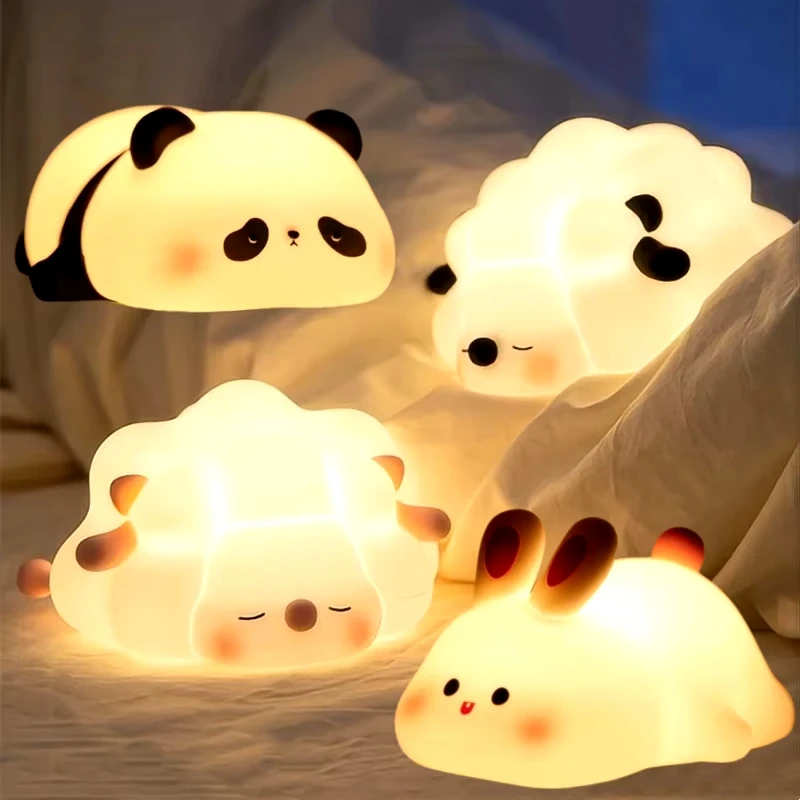 Simpatiche luci notturne a LED in silicone a forma di panda, pecora, coniglio, con timer, ricaricabili tramite USB, per la decorazione della camera da