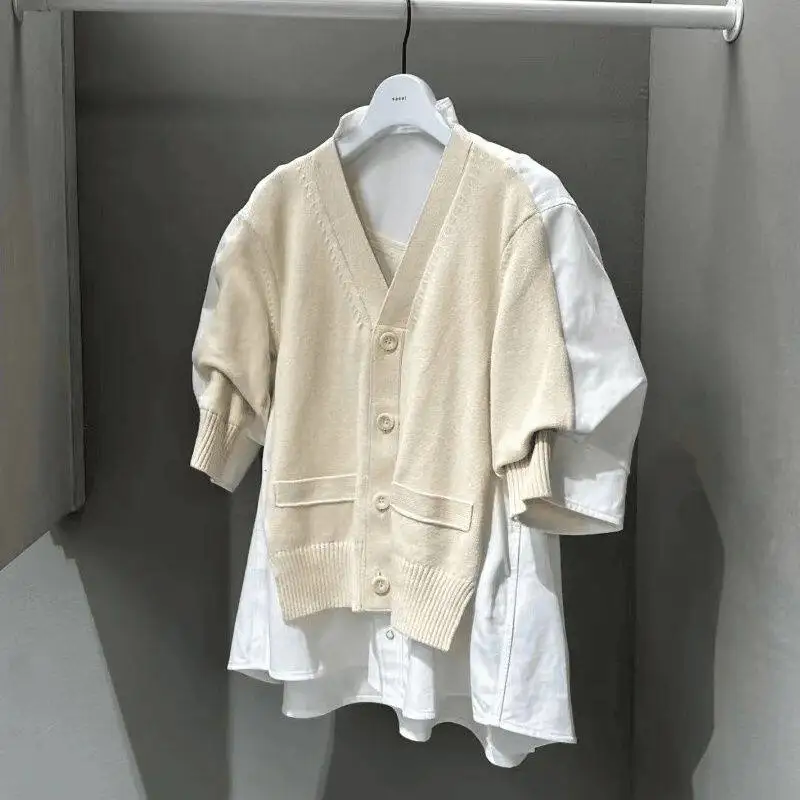 SAC spliced denim V-neck single-breasted sweater contrasting color five-quarter sleeve knitted cardigan