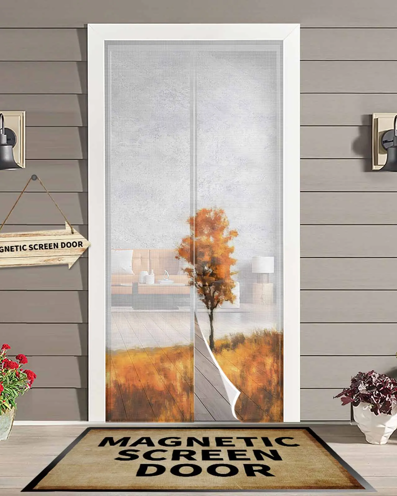 

Autumn Field Grass Trees Landscape Magnetic Door Curtain Living Room Bedroom Home Anti-mosquito Screen Door Curtain